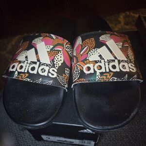 Adidas Floral Logo Slide Sandals - Black with Multicolor Floral Strap